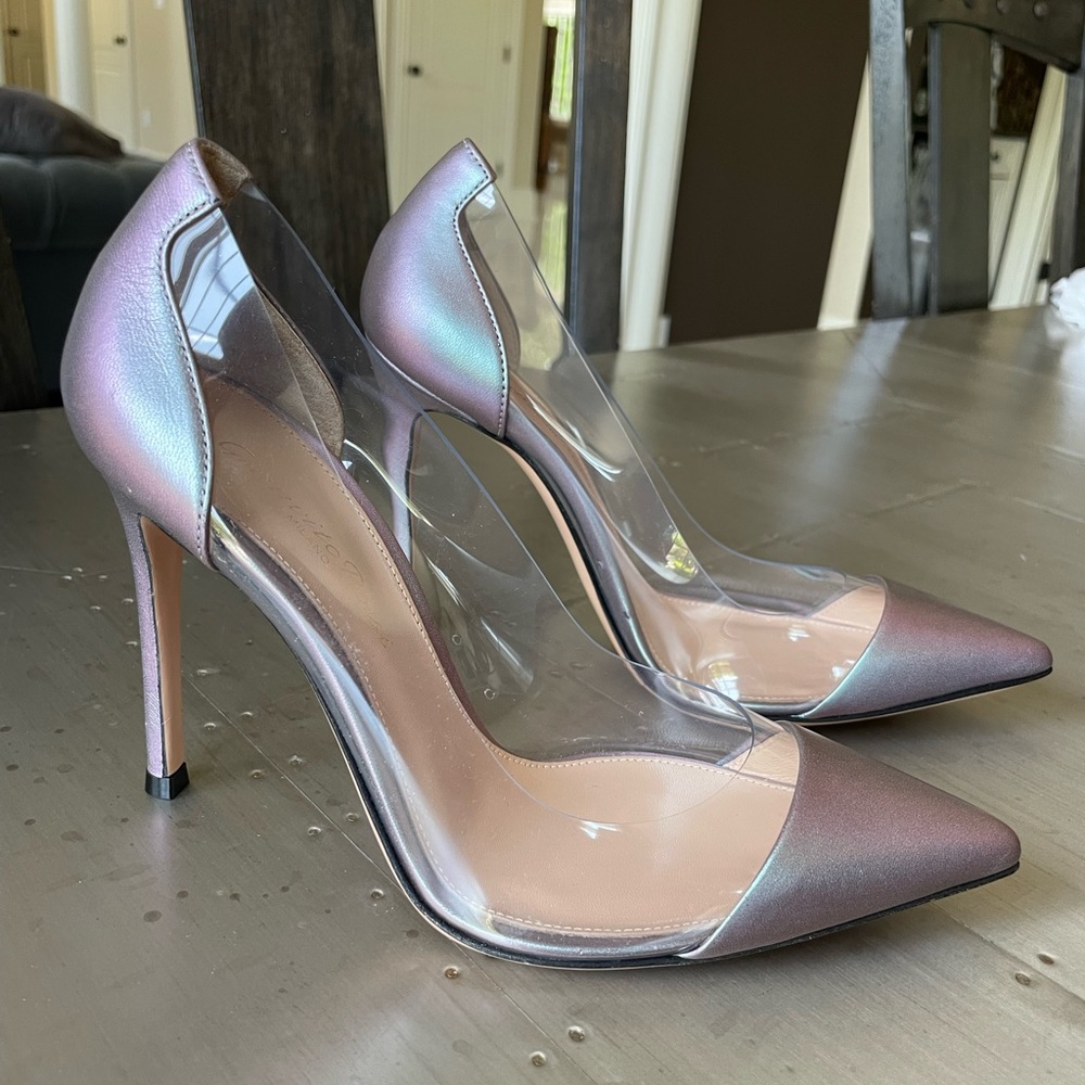 Gianvito Rossi plexi silver purple stiletto sz 35.5 pvc clear